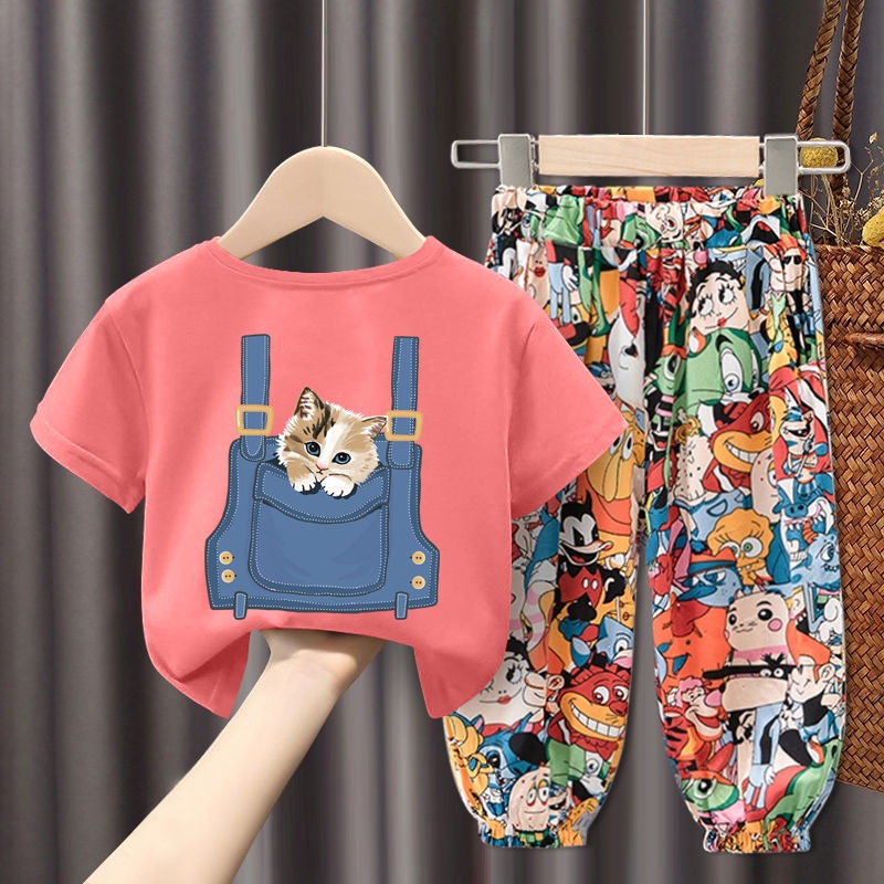 Bộ Áo Thun Cotton Ngắn Tay In Hoạt Hình + Quần Bó Thời Trang Mùa Hè Cho Bé