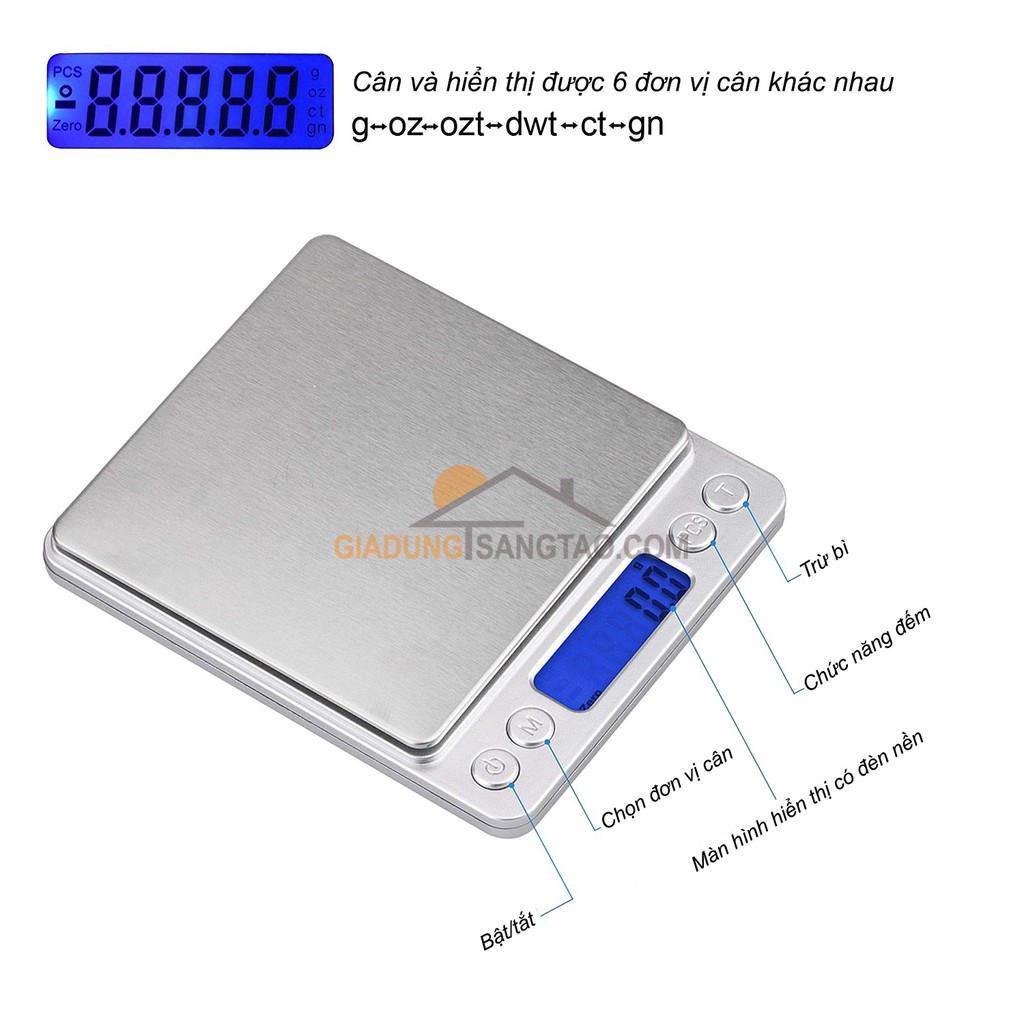 Cân điện tử tiểu ly 3kg I-2000 kèm 2 đĩa cân