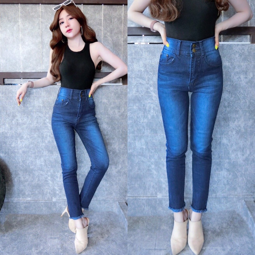 Quần jean Cc 154 S-2XL Nữ Slim Fit 2 Nút lưng cao Đầu chân bị lệch.
