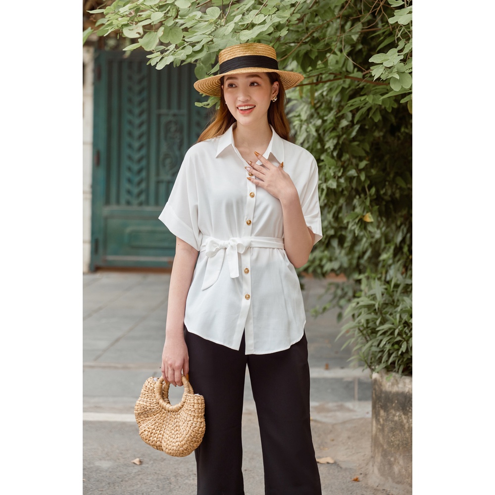 Áo sơ mi nữ trắng, dáng freesize, tay cánh rơi, ngắn tay, chất sợi sen thoáng mát, kèm đai rời Peony - OLIVIA TOP