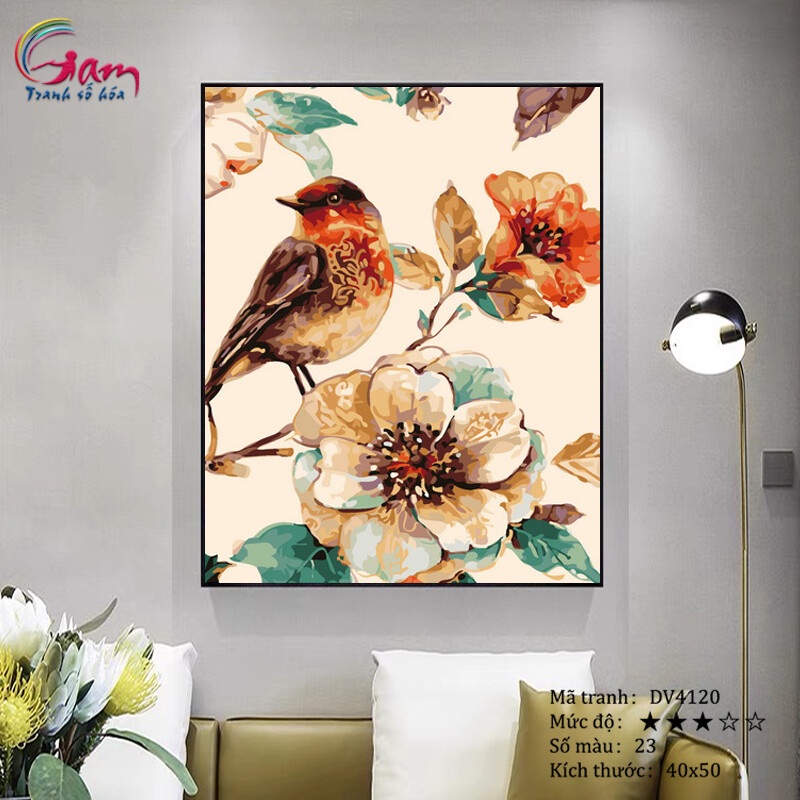 Tranh sơn dầu số hoá tự tô màu Chim và hoa vàng GAM căng khung 40x50cm dày 2.5cm DV4120