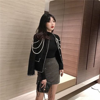 (SẴN) Áo dạ tweed đen viền cúc ngọc