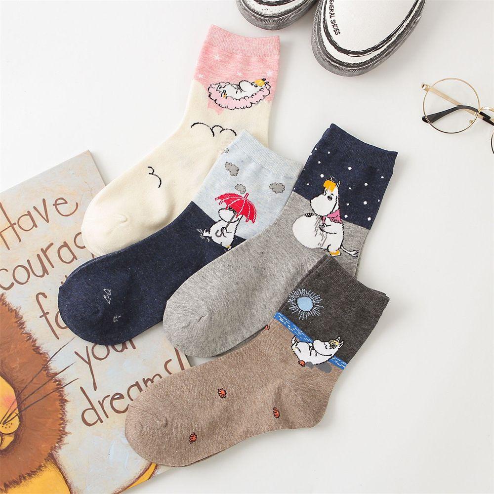 SOMEDAYZL Vớ Cotton Nữ Co Dãn Họa Tiết Con Hà Mã Phong Cách Hàn Quốc