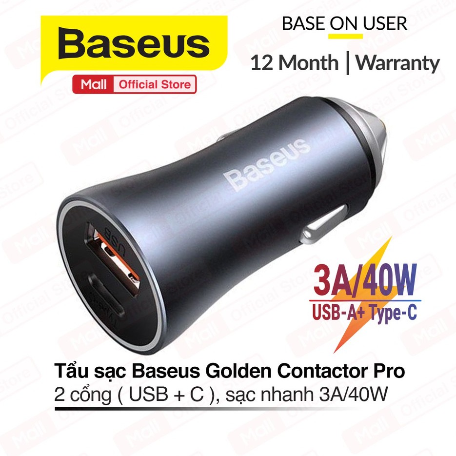 Tẩu sạc ô tô Baseus Golden Contactor Pro 2 cổng ( USB + C ) sạc nhanh 3A công suất 40W cho điện thoại, máy tính bảng