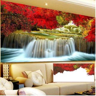 Tranh đính đá phong cảnh thác nước rừng cây lá đỏ tuyệt đẹp kt 150×65cm