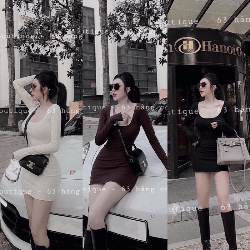 Váy body dày dặn hai màu nâu be