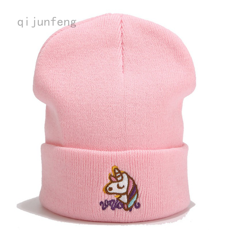 Mũ Len Beanie Mềm Thêu Hình Kỳ Lân Thời Trang Mùa Đông Cho Nữ