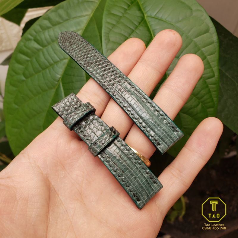 Dây đồng hồ handmade da kỳ đà Ý, màu xanh + khóa kim + tool thay