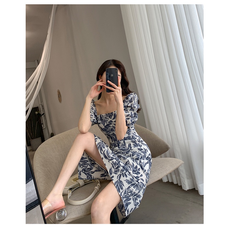 Váy đầm voan họa tiết lá tay ngắn phồng xẻ đuôi dáng chữ A thanh lịch đi làm dự tiệc cho nữ