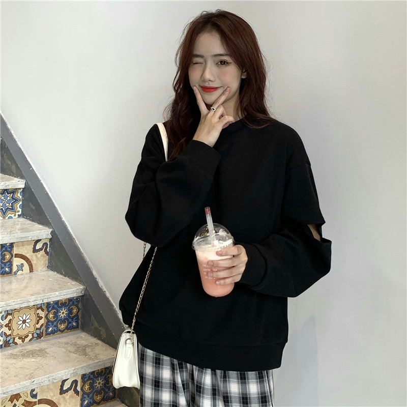 SUXI Áo Sweater Tay Dài Cổ Tròn Dáng Rộng Thiết Kế Rách Thời Trang Xuân Thu Cho Nữ
