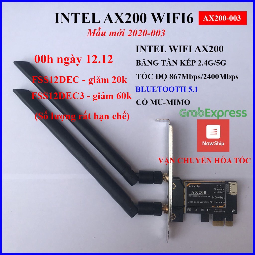 Card wifi không dây intel - Card wifi máy tính PC - AX200 - 9260AC - 7260AC - kèm bluetooth tốc độ cao