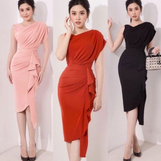 Đầm Váy thiết kế đi tiệc | đi ăn cưới | đi làm lai xéo lệch 1 bên 2297 (kèm hình thật - CÓ BIG SIZE)