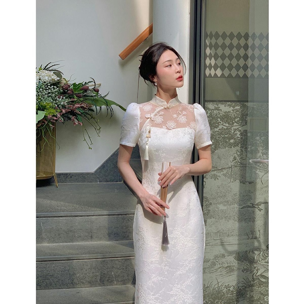 Sườn Xám Ngắn Qipao Truyền Thống Phối Ren Hoa Màu Be Trong Suốt Dáng Dài Size S Đến XXL Cho Nữ