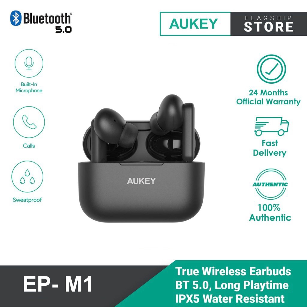 Tai Nghe TWS AUKEY EP-M1, BT 5.0, Pin Tới 25H, Cảm Ứng, Chống Nước IPX5, Độc Lập 2 Tai