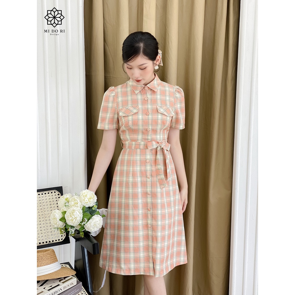 Đầm ôm A midi, có đai rời, cổ Đức, nền cam đào kẻ caro, chất chiffon Hàn cao cấp - Baley Dress