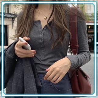 Áo thun nữ tay dài sexy hàn quốc nhiều cúc cổ tròn