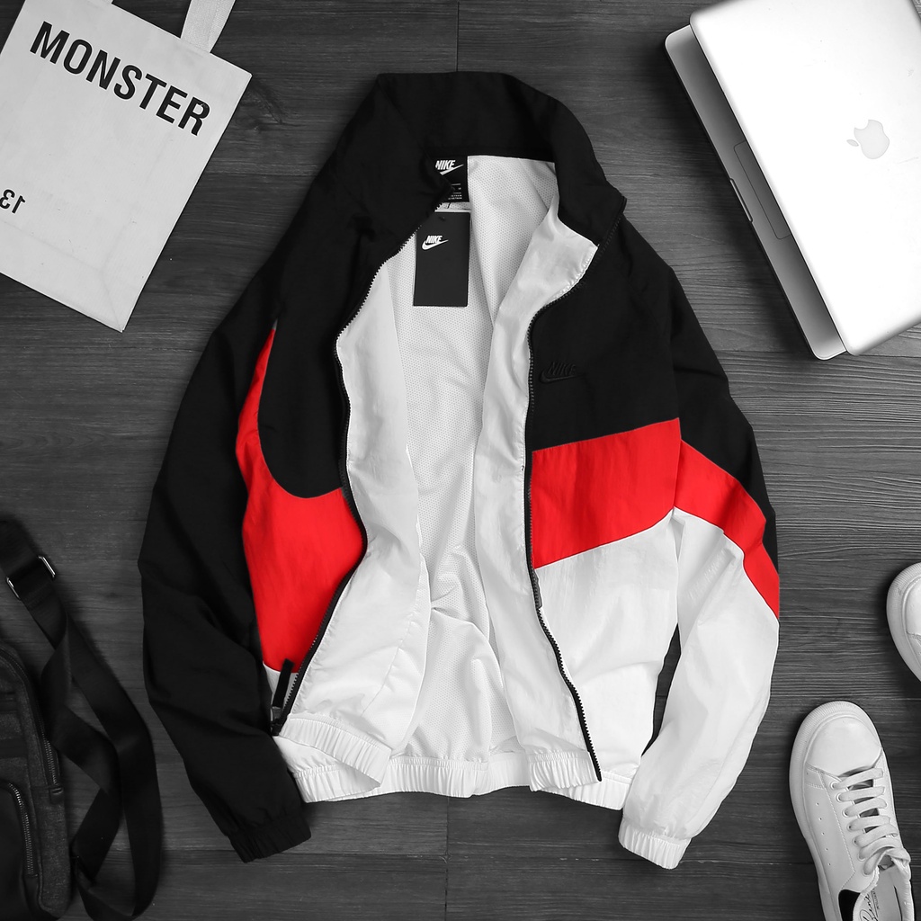 ÁO KHOÁC NAM NIKE SPORTWEAR SWOOSH WOVEN JACKET - TRẮNG ĐEN PHỐI ĐỎ