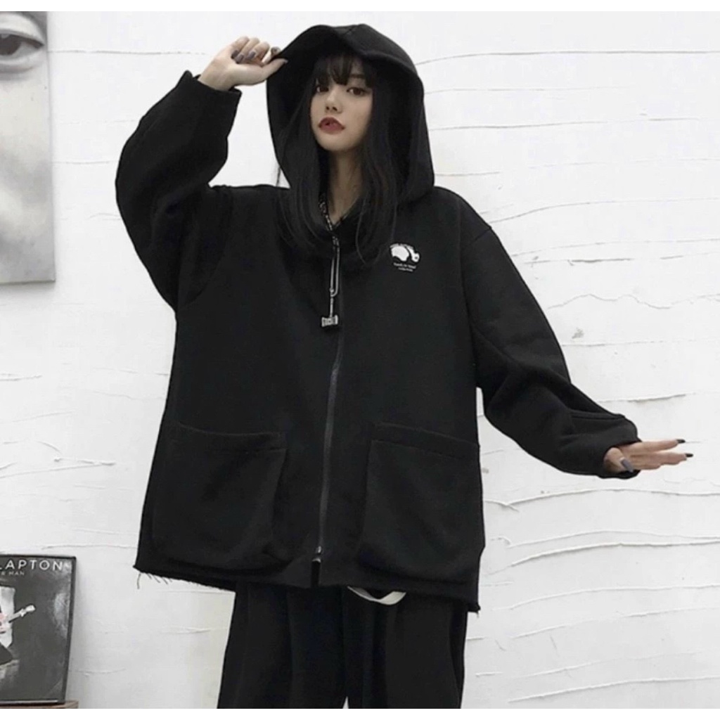 ÁO KHOÁC HOODIE NỮ CHỐNG NẮNG PHỐI TÚI DỌC CHỈ MỘT MÀU ĐEN PHONG CÁCH CÁ TÍNH THỜI TRANG