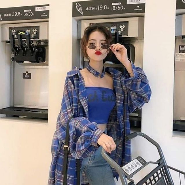 Hàng sẵn_ Set sơmi from rộng + áo ống + choker phong cách retro Hàn Quốc