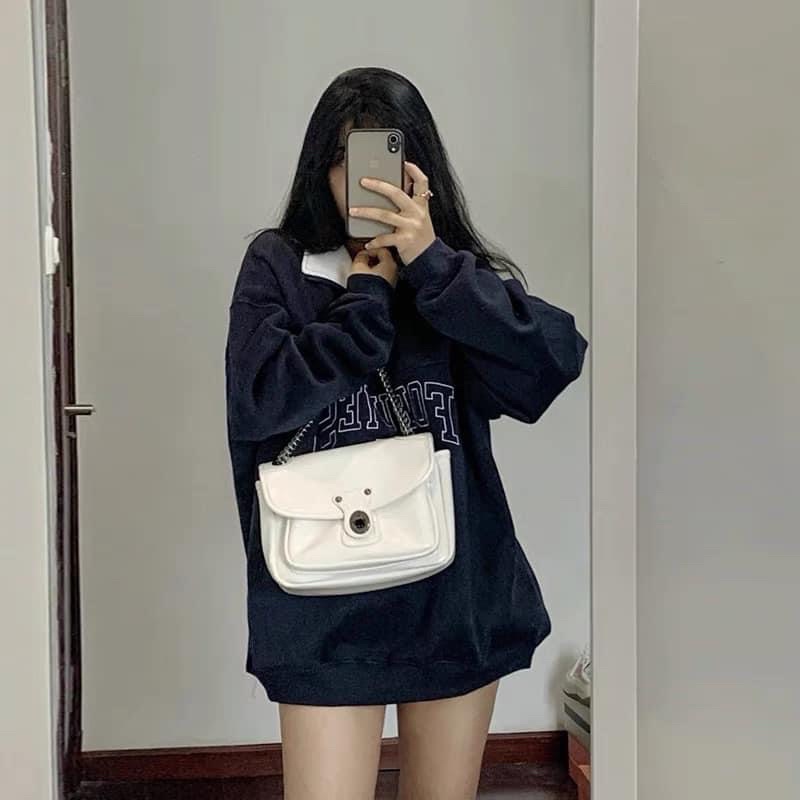 Áo Khoác Rip Freeship Áo nỉ sweat cổ bẻ hình thêu 1 màu xanh lam form rộng Chần Bông UNISIEX NAM NỮ UlZzang