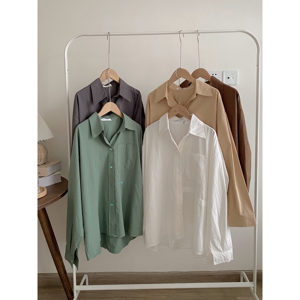 Sơ mi vintage dáng xuông tay dài chất thô cao cấp Forgirl phối túi
