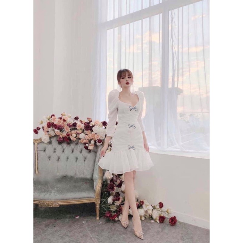 Đầm dự tiệc nhún thân cài tag nơ | BigBuy360 - bigbuy360.vn