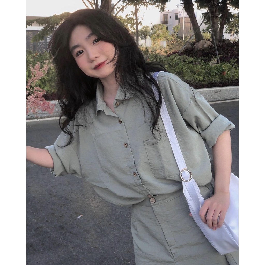 Set áo sơ mi tay dài phối chân váy chữ A chất đũi thun cực mát ba màu LOVI