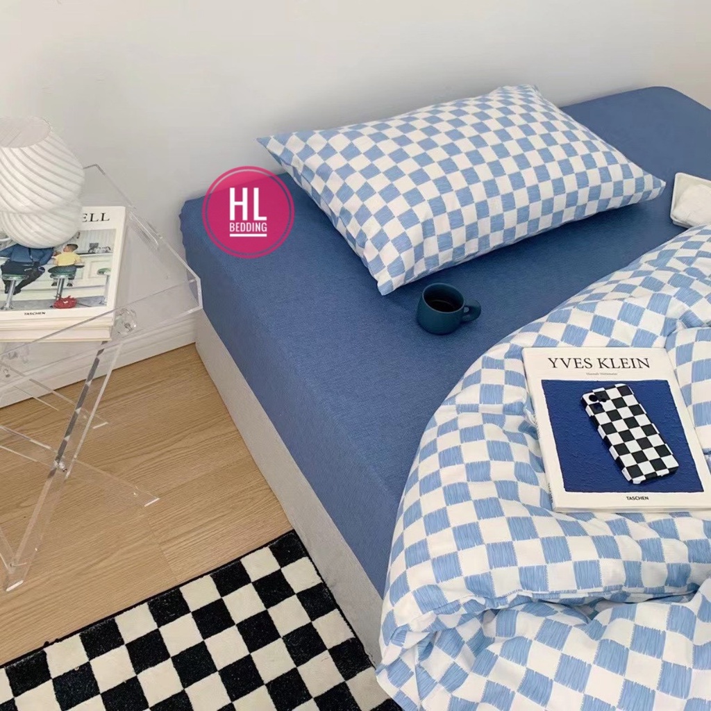Bộ chăn ga Cotton Poly HL bedding chăn ga Hàn Quốc bàn cờ vua caro ô vuông xanh dương nhỏ đủ size miễn phí bo chun