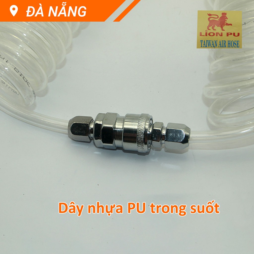 Dây hơi xoắn phi 8 nhựa PU trắng Lion có sẵn 2 đầu nối bình hơi dài 6m