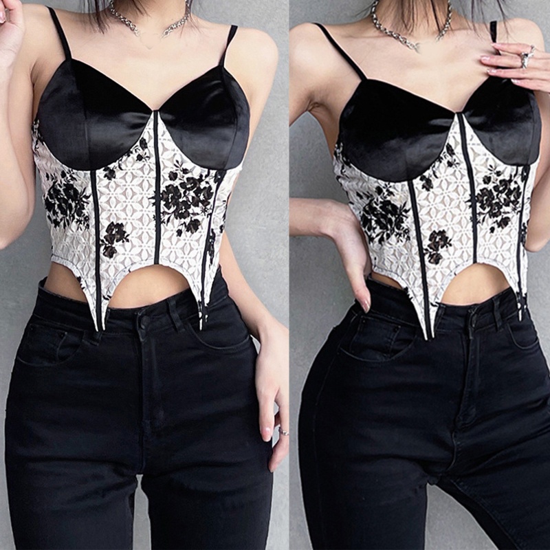 Áo Croptop Hai Dây Màu Sắc Tương Phản Họa Tiết Hoa Phong Cách Gothic Quyến Rũ Cho Nữ