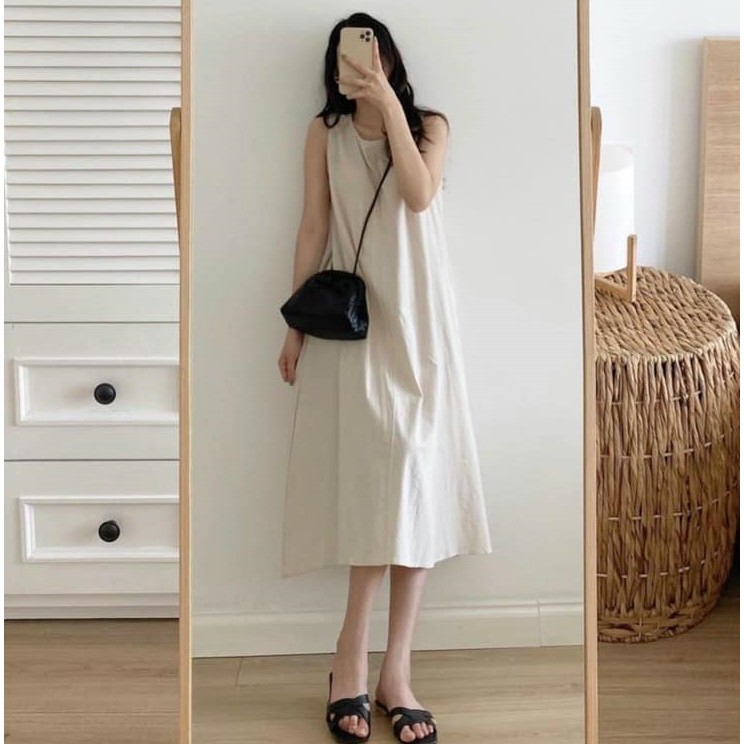 Đầm suông đũi ullzzang Shynstores - đầm suông nữ sát nách vải thô dáng suông rộng freeship