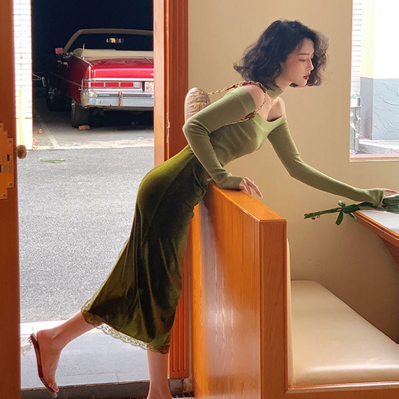 Chân váy nhung COZOK lưng cao phối ren phong cách cổ điển thời trang thu đông cho nữ