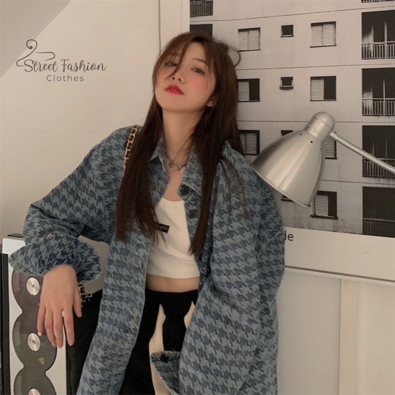 Áo khoác sơmi nữ dài tay form rộng hoạ tiết thời trang