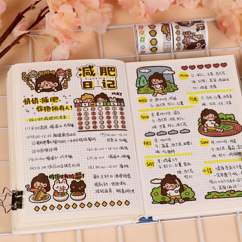 Set washi tape cô gái tóc nâu hộp 4 cuộn - 8 style - full box