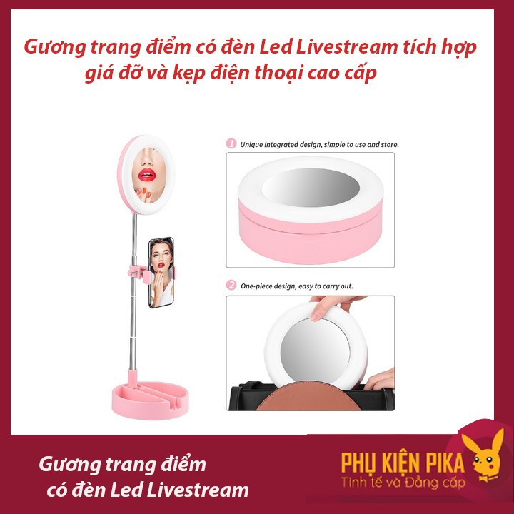 Gương trang điểm có đèn Led Livestream tích hợp giá đỡ và kẹp điện thoại cao cấp