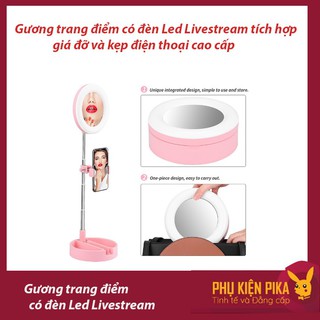 Gương trang điểm có đèn Led Livestream tích hợp giá đỡ và kẹp điện thoại cao cấp