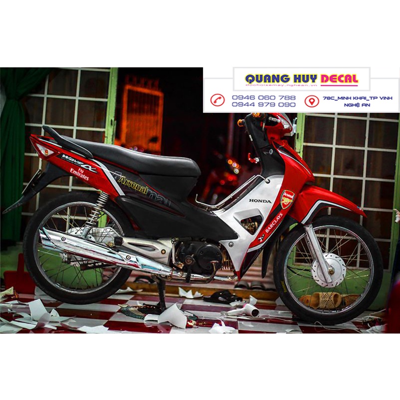 Tem trùm xe wave alpha 100 đỏ đen arsenal  - Độ dán team trùm decal xe máy wave alpha đỏ đen arsenal - Te