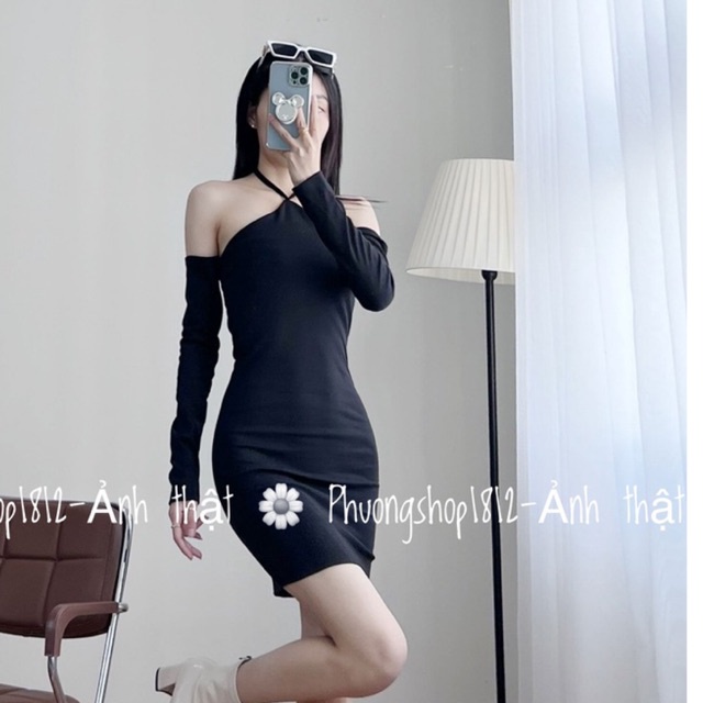 Đầm Body Trễ Vai Tay Dài Tôn Dáng Gợi Cảm Phối Cổ Yếm _[ẢNH_THẬT ] Phượng Shop1812