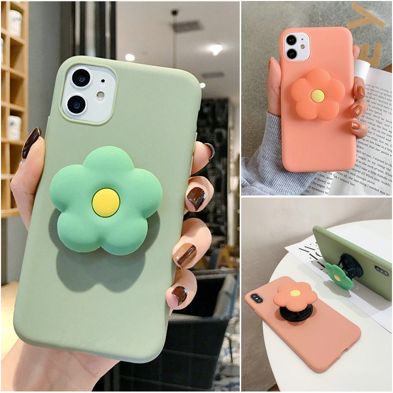 Ốp lưng Samsung J8 J5 J2 A9 A6 A6+ M51 M20 S10 S10+ S9 S9+ S8 S8+ Note 20 Ultra 10 9 8 Lite Plus Pro Prime 2018 Candy Solid Color Soft TPU Case Cover+Flower Holder