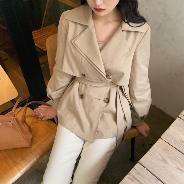 Áo khoác trendcoat măng tô dáng ngắn thắt eo 2 lớp phong cách Hàn Quốc hàng chuẩn Quảng Châu loại 1 (có ảnh thật)