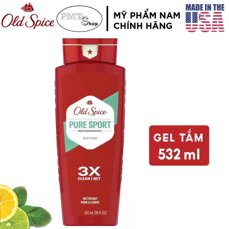 [USA] Sữa tắm gội nam 2in1 Gel Old Spice High Endurance 3X 532ml Pure Sport | Fresh Fraicheur - Mỹ