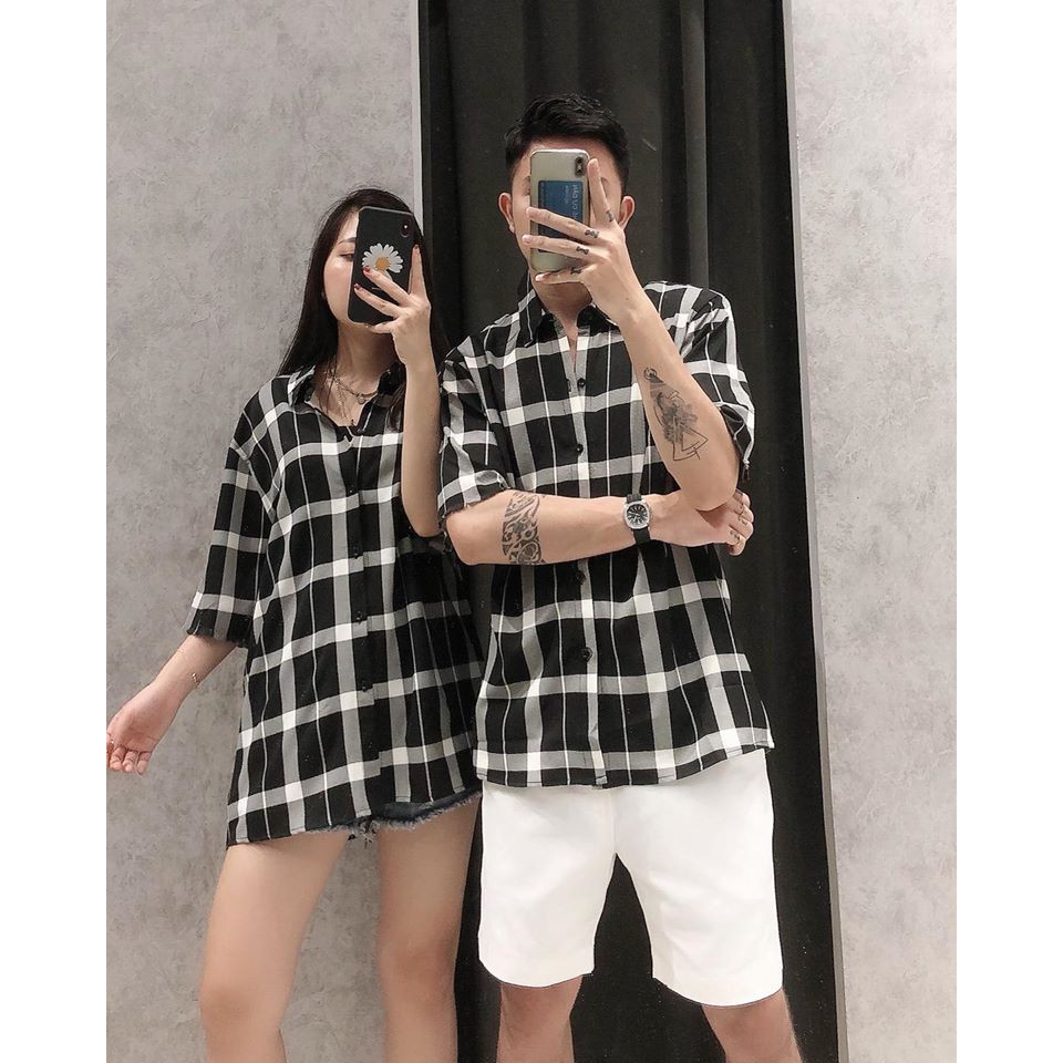 sơ mi kẻ caro cộc tay, nam , nữ, from rộng unisex