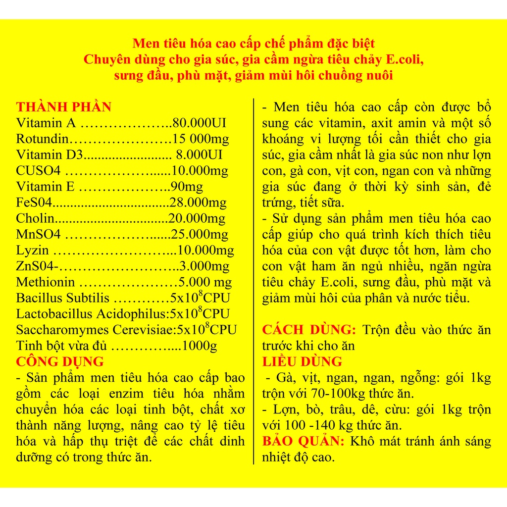 2 gói Men tiêu hóa cao cấp loại 500g  Dùng cho Gia súc, gia cầm, chó, mèo; Tổng = 1kg