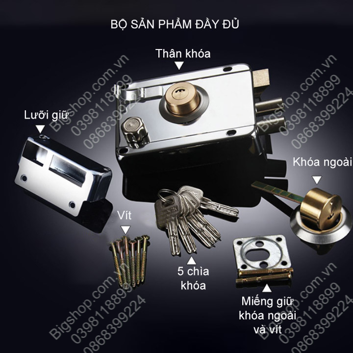 Khóa chống trộm cho cửa sắt, cửa gỗ gắn nổi có khóa ở trong và ngoài