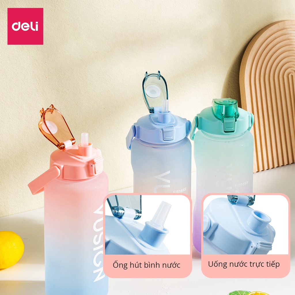 Bình Nước Thể Thao 2 lít Chia Vạch Nhắc Nhở Deli KHÔNG MÙI NHỰA AN TOÀN Sức Khoẻ Có Giấy Kiểm Định Chất Lượng