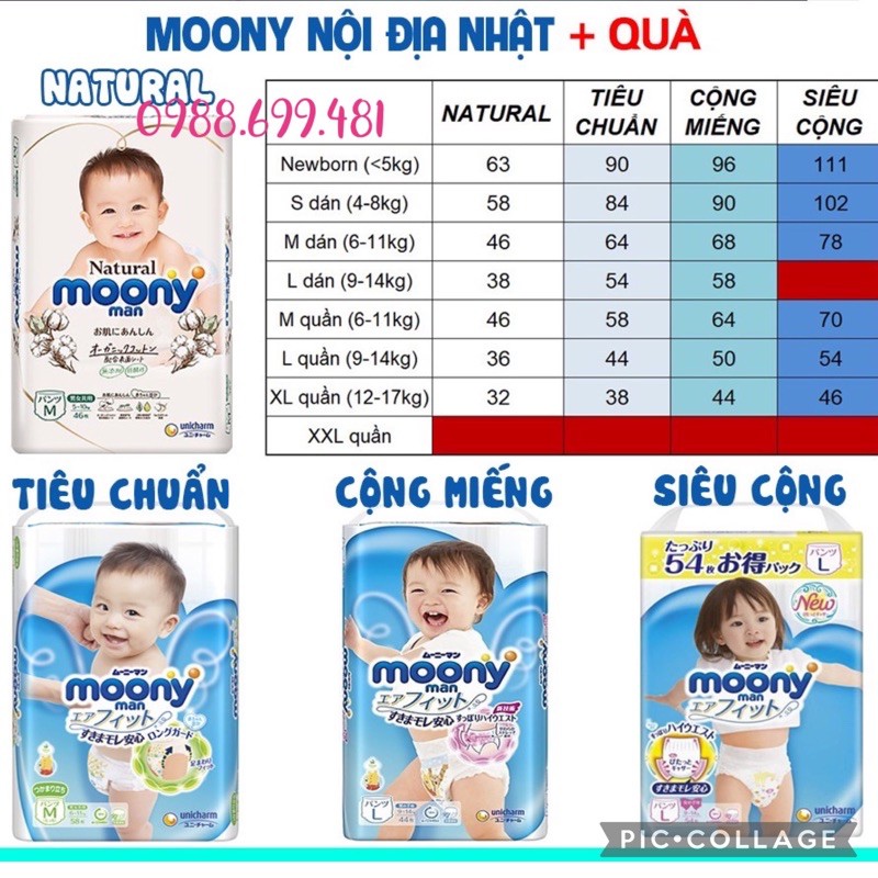 (Tặng thước dây)Tã bỉm dán/quần Moony Natural/Moony xanh siêu cao cấp hữu cơ NB63/S58/M46/L38