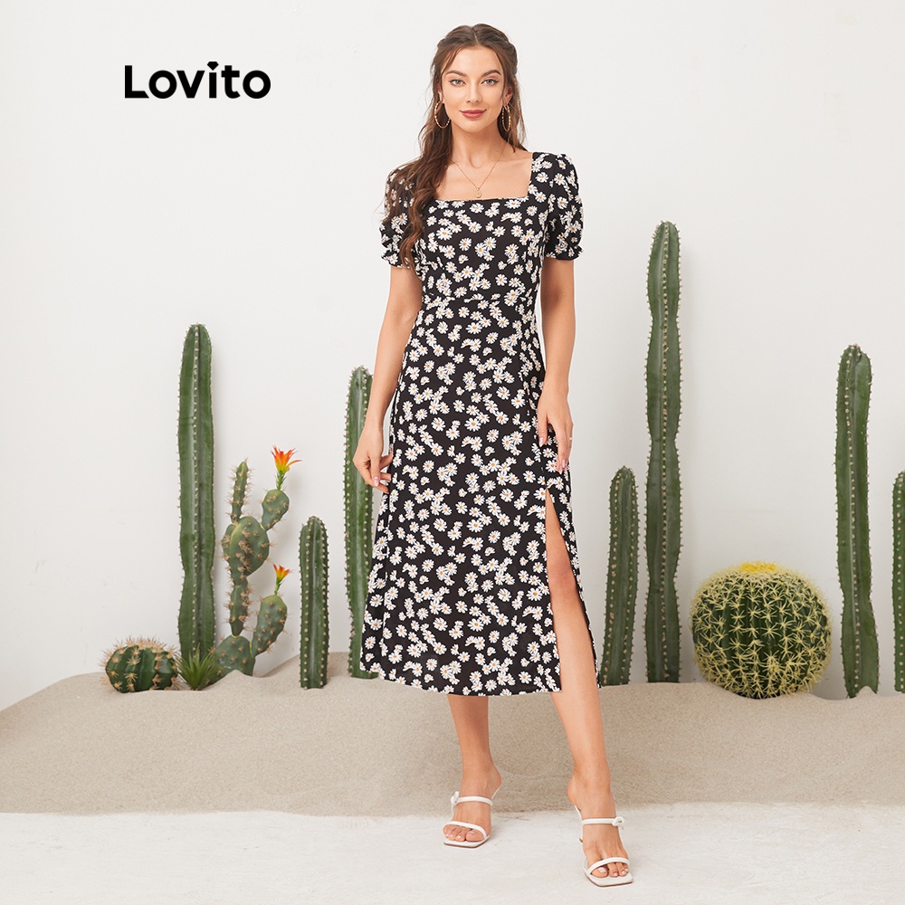 Lovito Đầm cổ vuông in hoa L11D32 (đen)