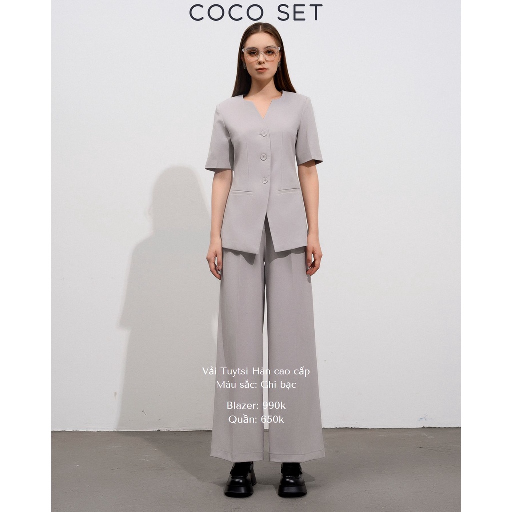 Set Suit ONMIX (Áo Blazer Ngắn Tay Không Cổ + Quần Tây Ống Rộng) - Coco Set - Vải Tuytsi Hàn - Màu Ghi Bạc