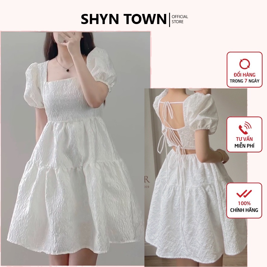[ Rẻ Vô Địch - Hàng Sẵn ] Váy 2 lớp cổ vuông tay bồng cột dây lưng, Đầm babydoll gấm hoa nổi cột dây - Shyn.Closet