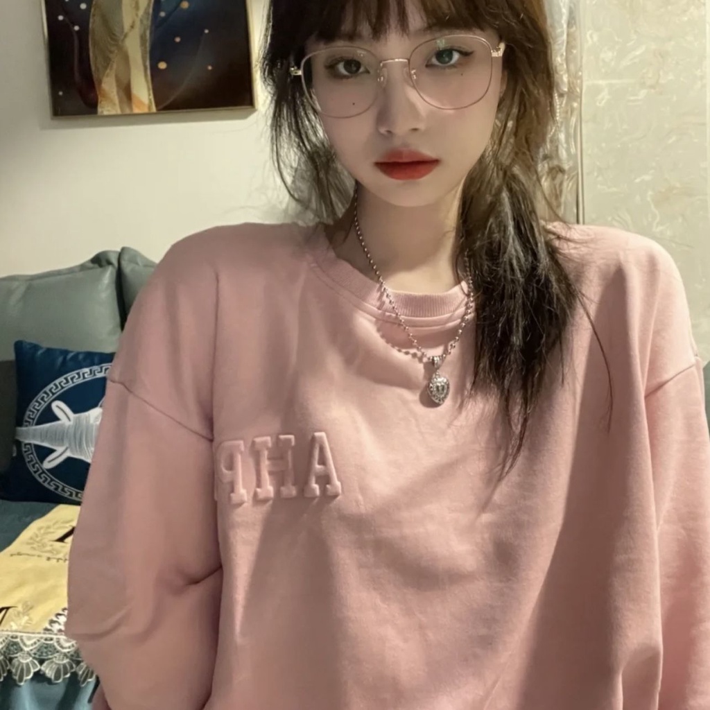 Phụ Nữ Nhỏ Nhắn [Chữ Lõm] Áo Sweater Cổ Tròn Nhỏ Màu Hồng Phong Cách Harajuku BF